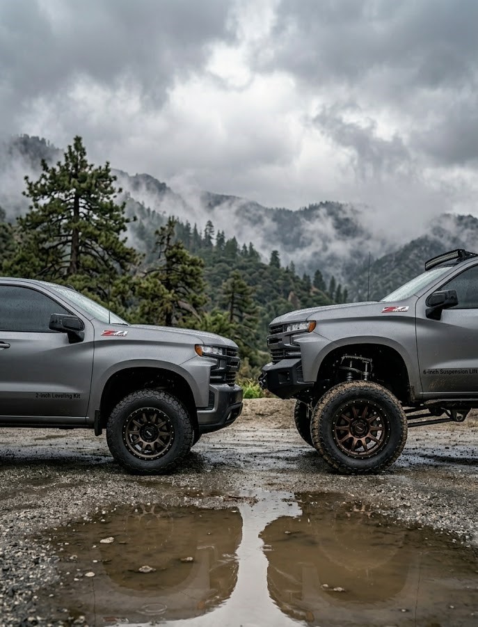 Lifted Chevy Silverado showing leveling kit stance on gravel road